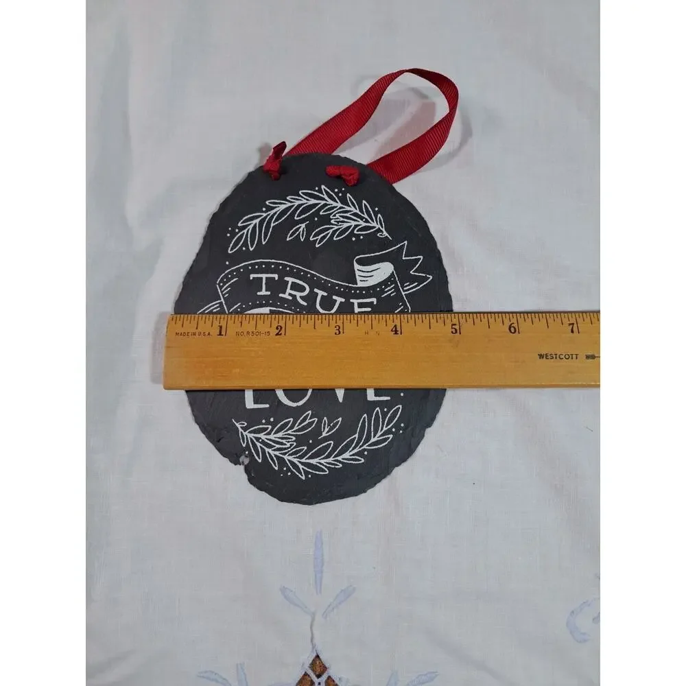 True Love Slate Hanging Wall Decor Charcoal Gray White Writing Red Ribbon Oval